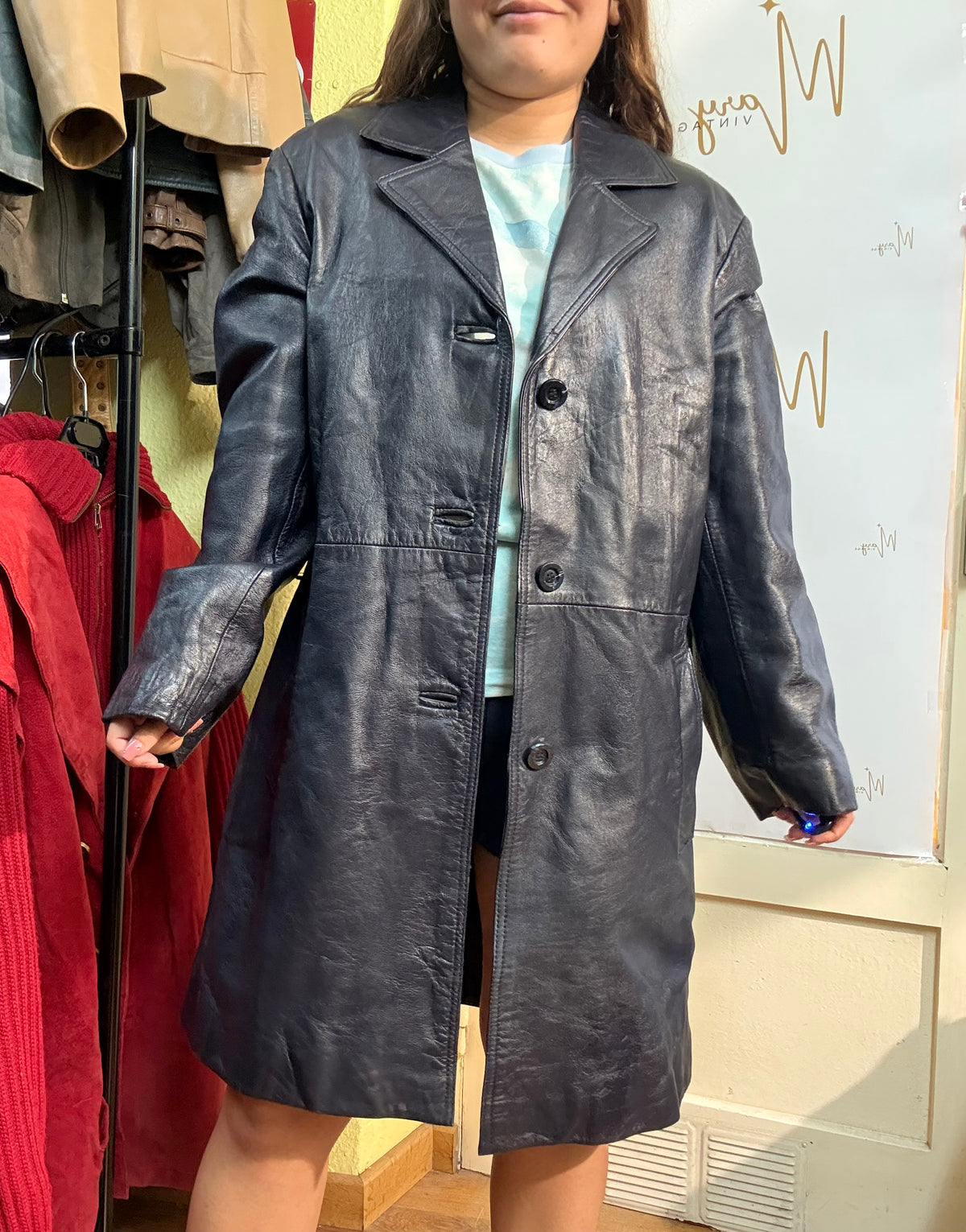 Chaqueta larga de cuero genuino azul marino