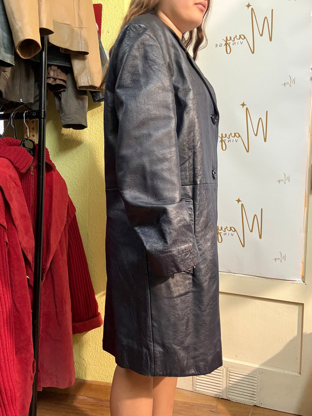 Chaqueta larga de cuero genuino azul marino
