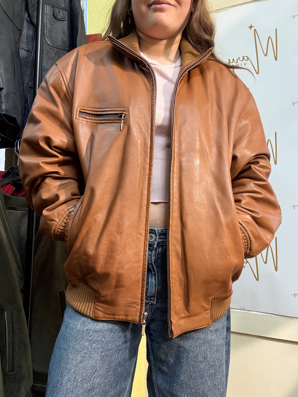 Chaqueta Bomber de cuero genuino Marrón
