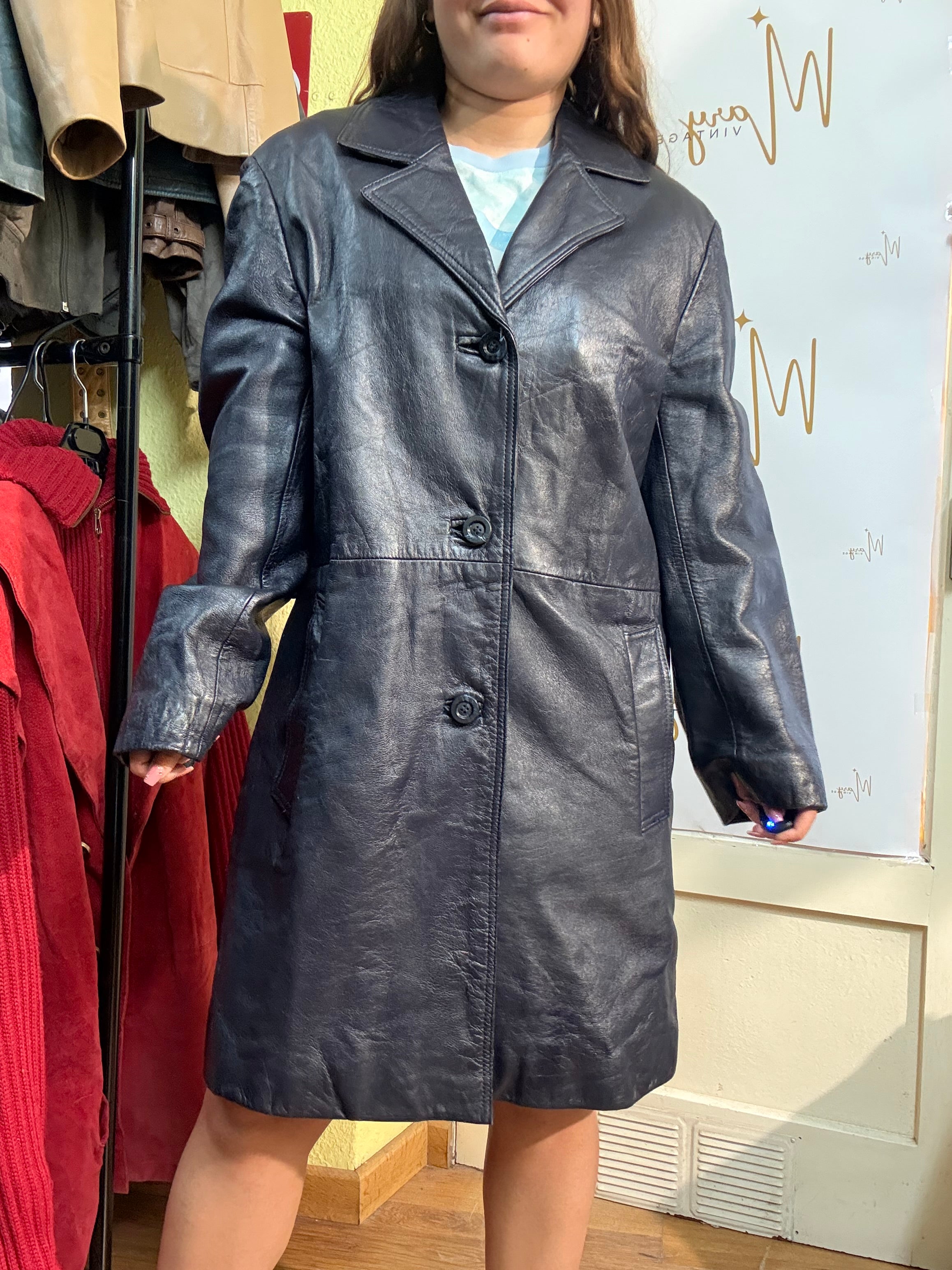 Chaqueta larga de cuero genuino azul marino