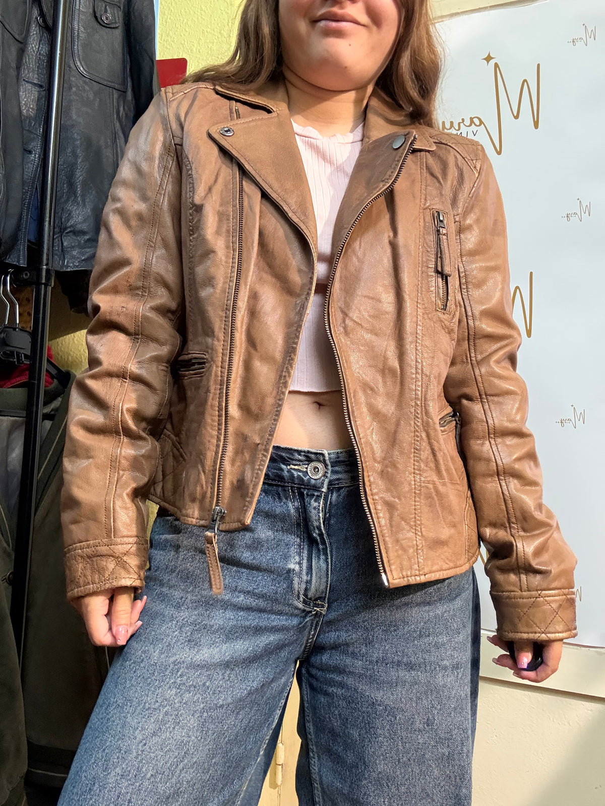 Chaqueta biker de cuero genuino marrón