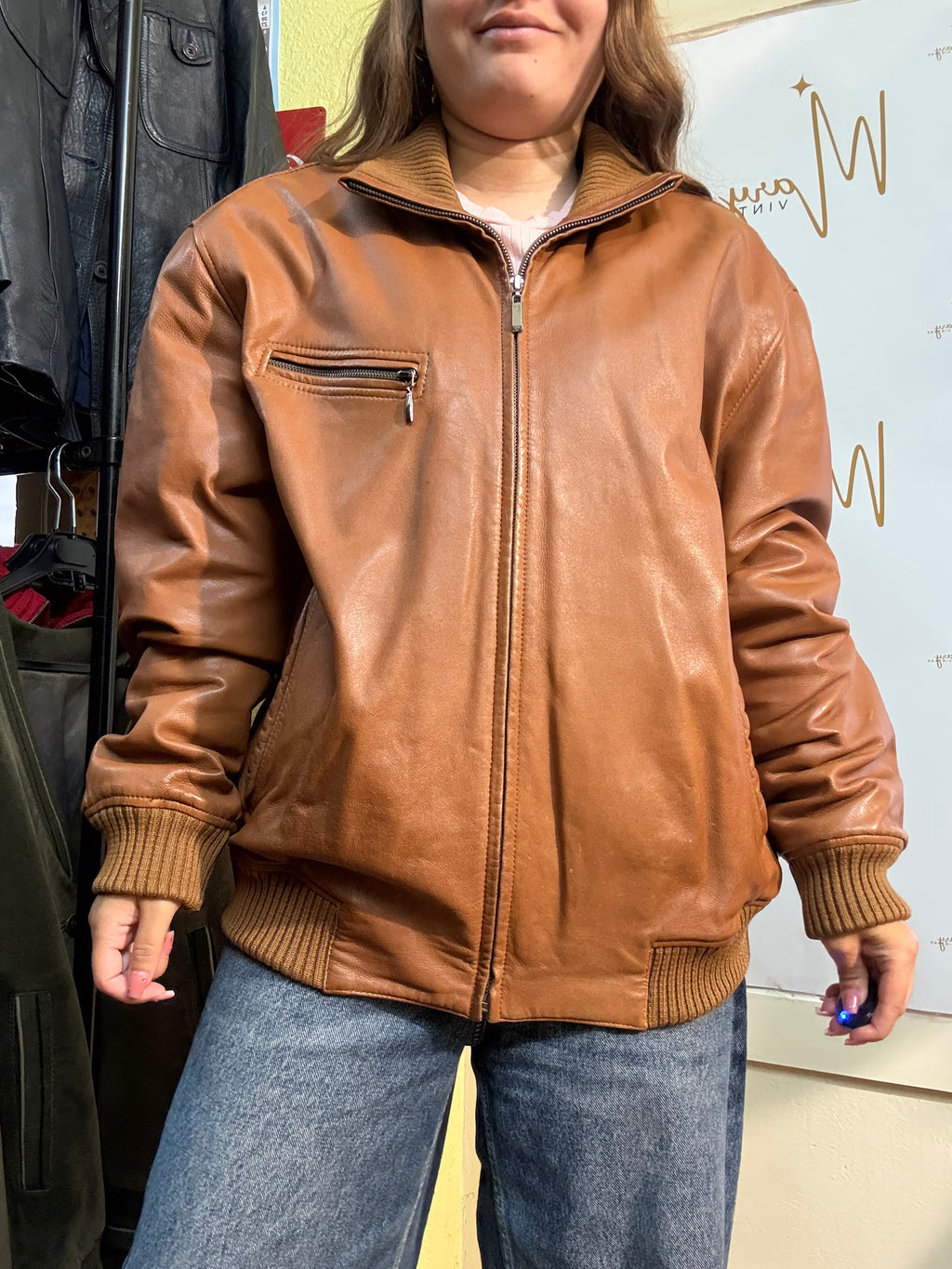 Chaqueta Bomber de cuero genuino Marrón