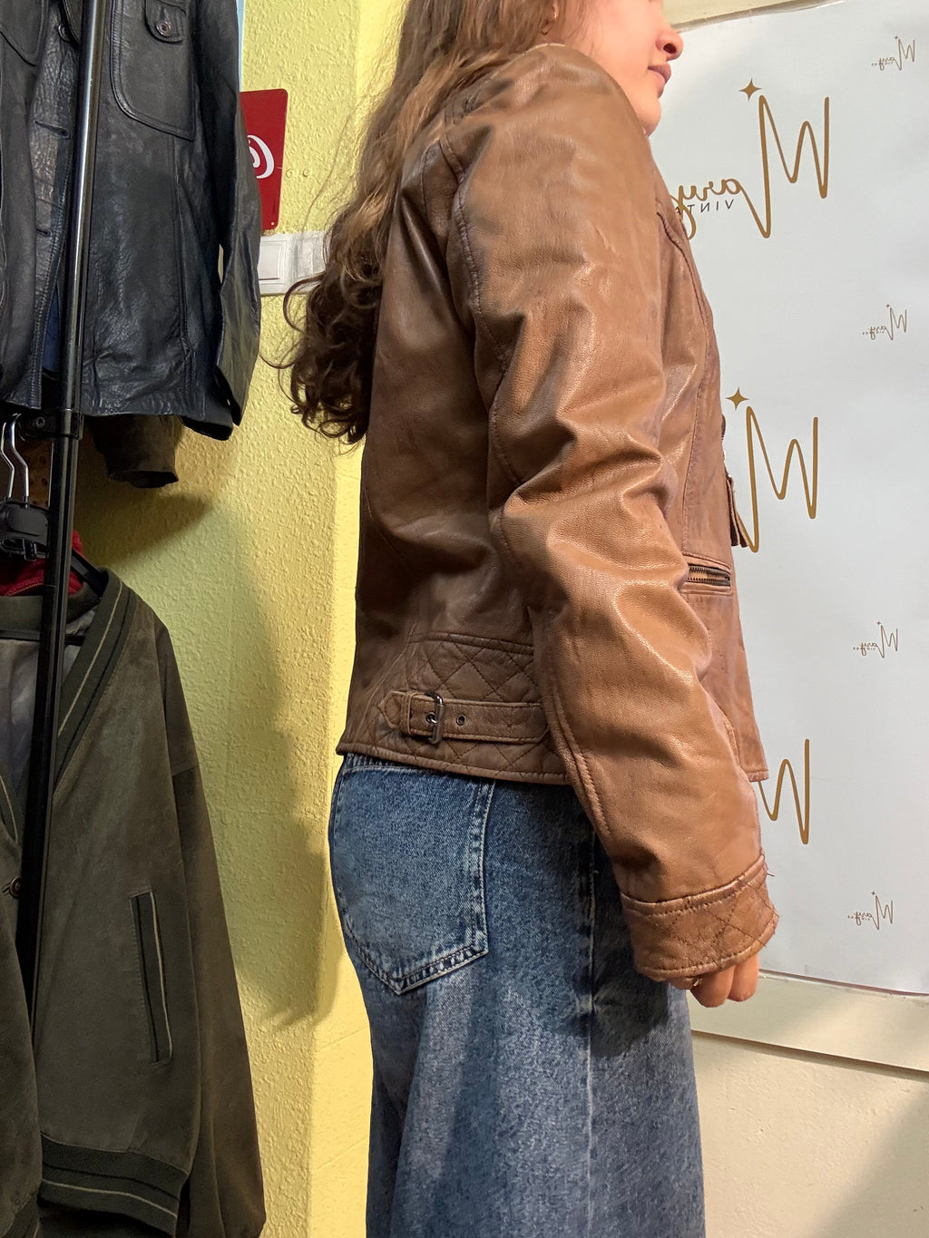 Chaqueta biker de cuero genuino marrón
