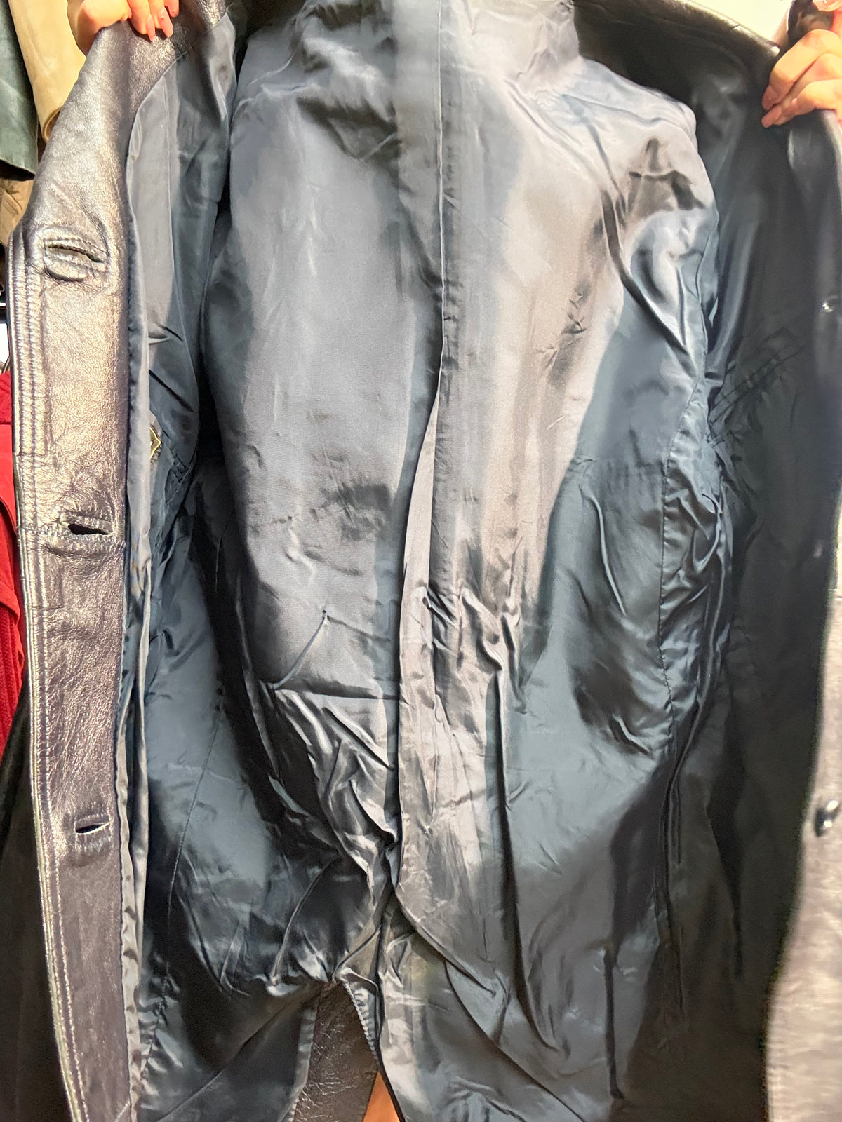 Chaqueta larga de cuero genuino azul marino