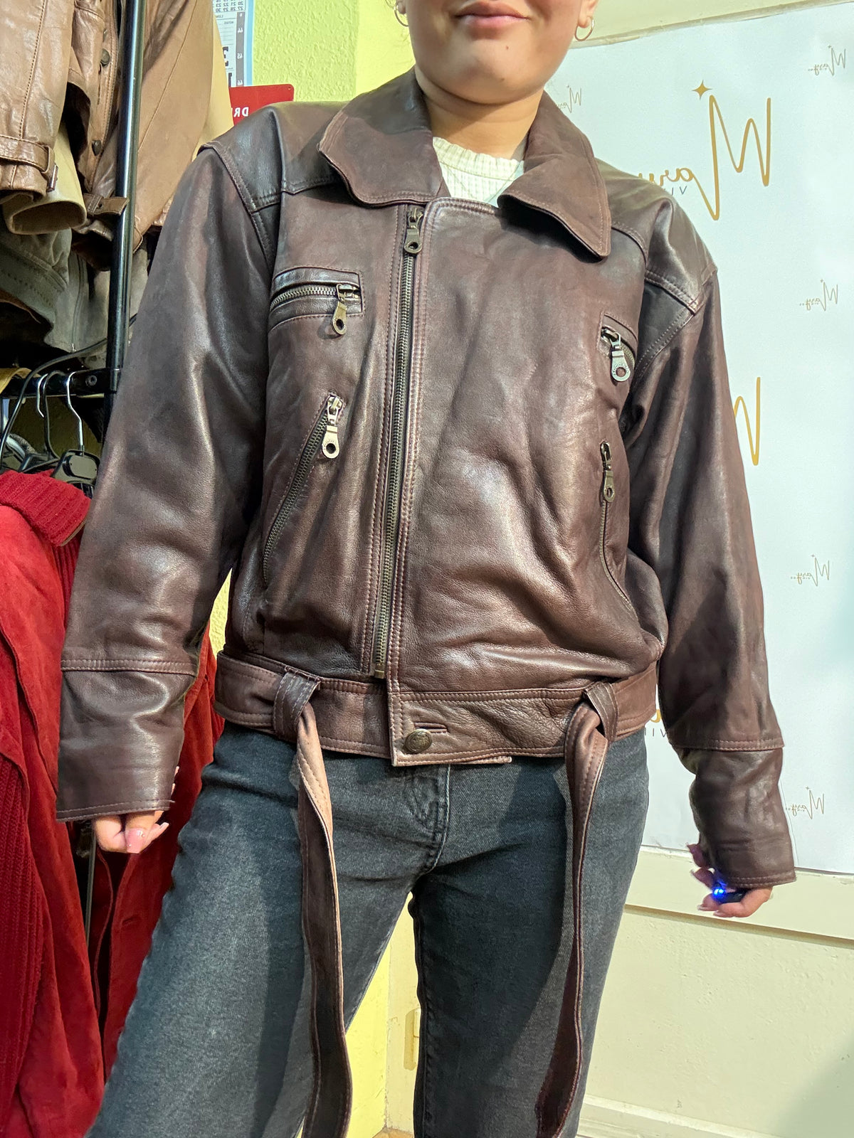 Chaqueta de cuero genuino burdeos