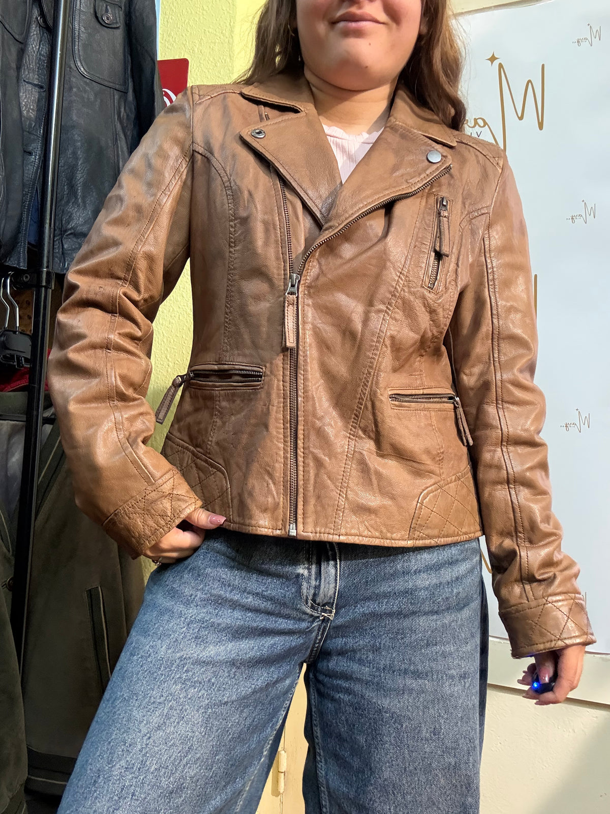 Chaqueta biker de cuero genuino marrón