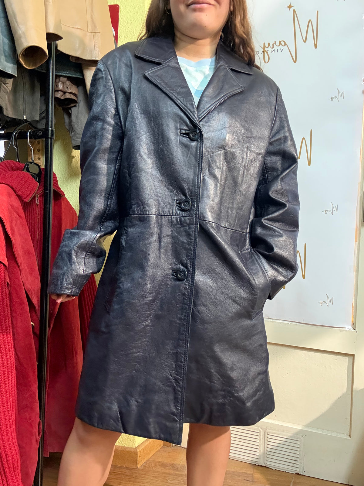 Chaqueta larga de cuero genuino azul marino