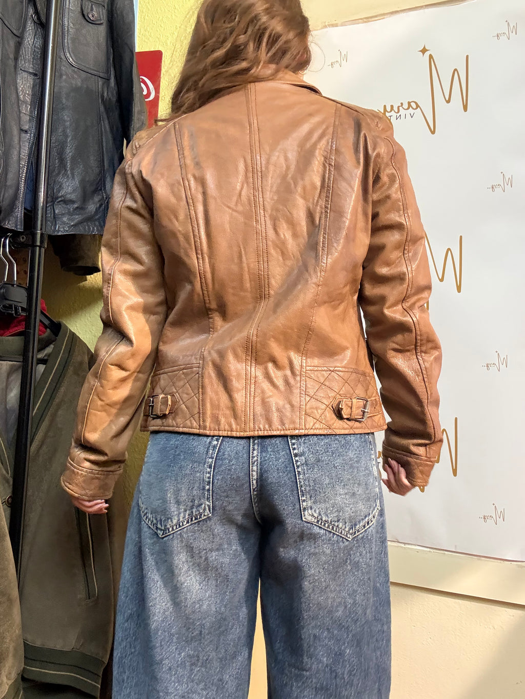Chaqueta biker de cuero genuino marrón