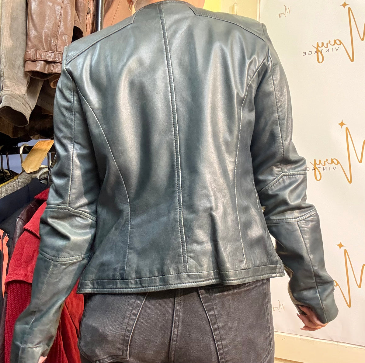 Chaqueta de cuero genuino verde oscuro