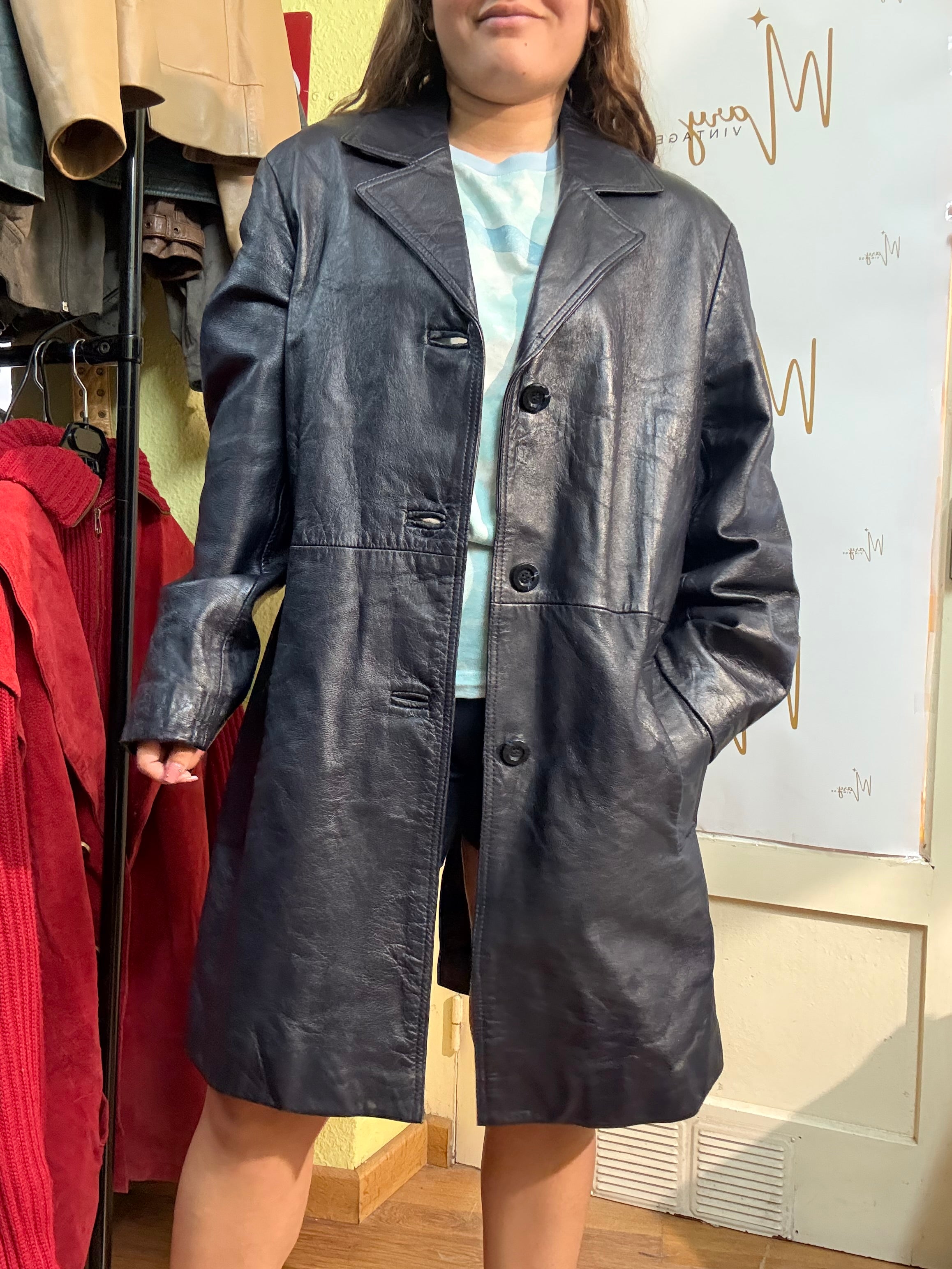 Chaqueta larga de cuero genuino azul marino