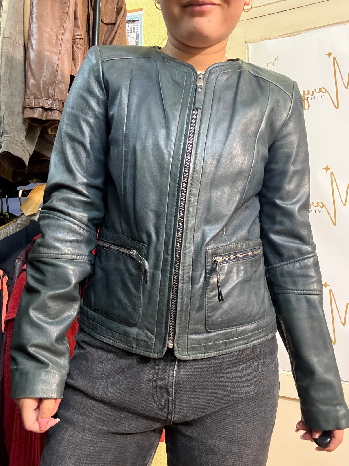 Chaqueta de cuero genuino verde oscuro